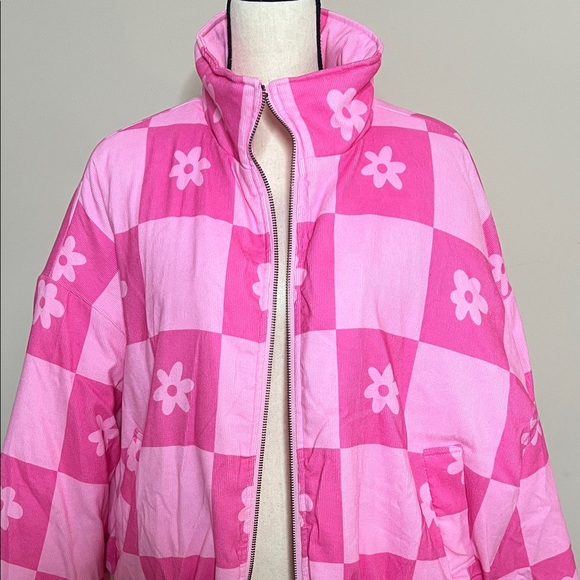 Floral Pink Checkered Women's Puffer Jacket - Picture 3 of 11
